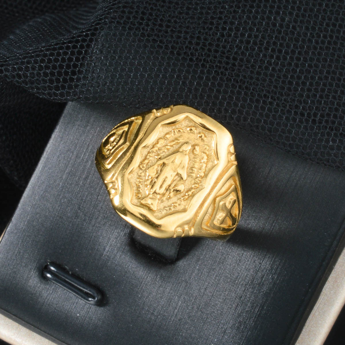 Women's 18K Gold Plated Signet Ring with Religious Engraving